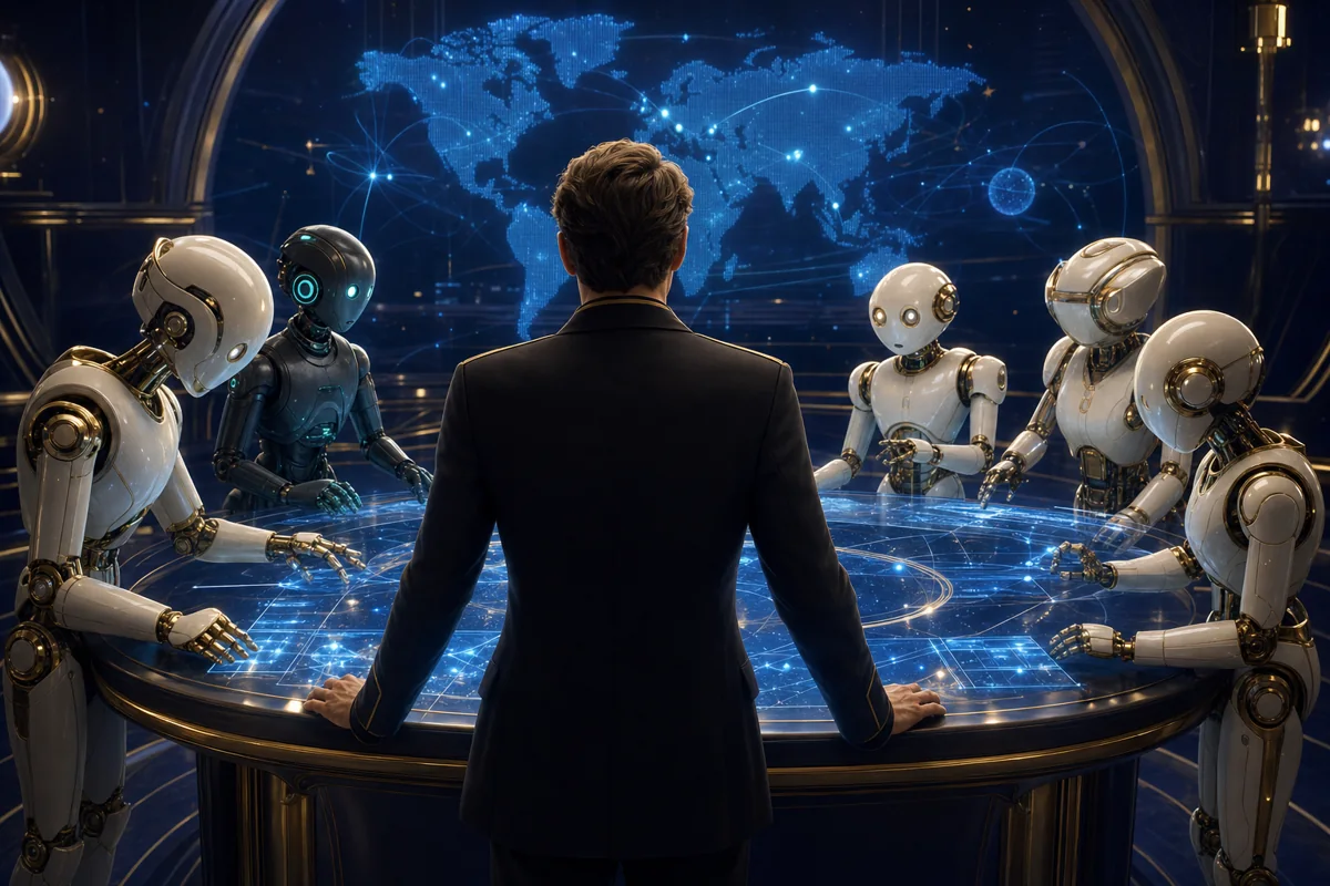 AI-generated illustration: a director seen from behind at a holographic console, working with a crew of droids